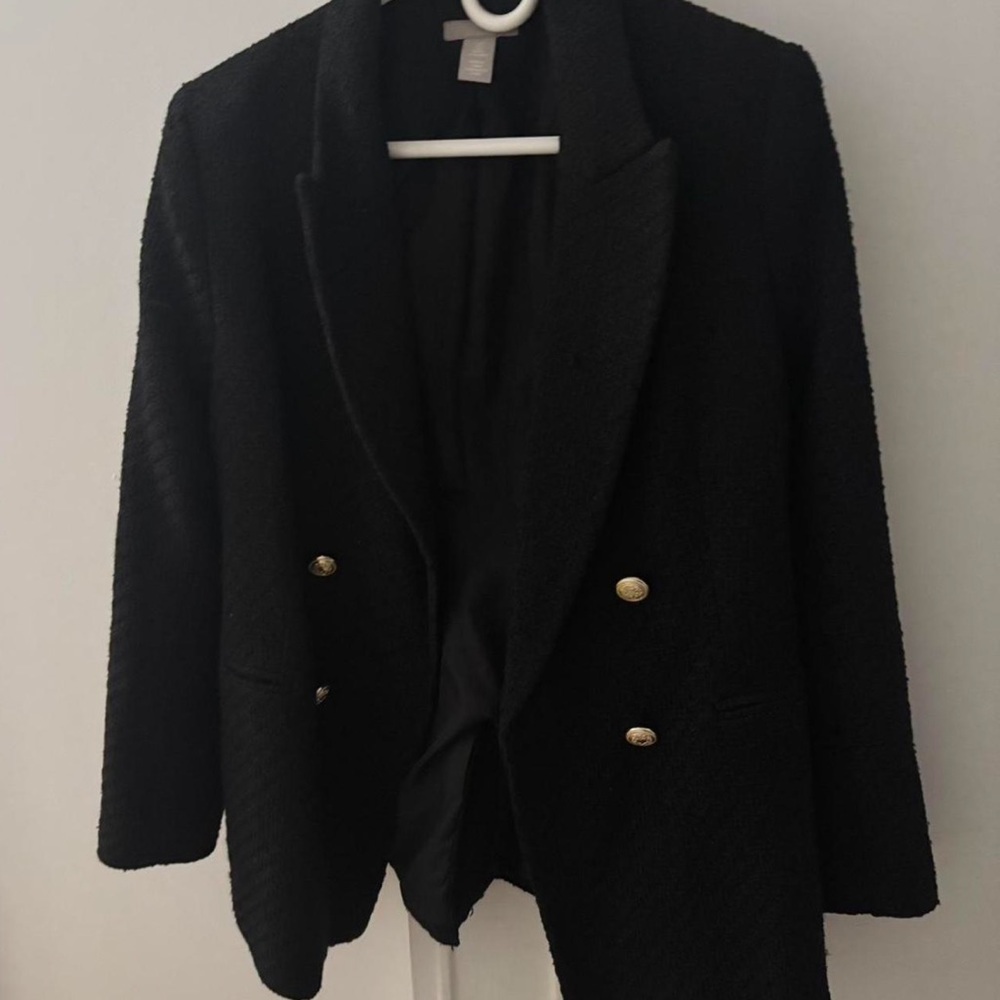 H&M Black Double-Breasted Textured Blazer with Gold Buttons
